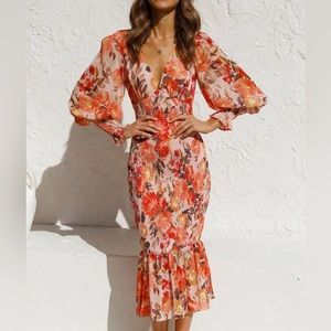 Smocked puff sleeve floral midi dress